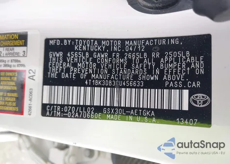 2012 Toyota Avalon from USA, damaged, VIN 4T1BK3DB3CU456633